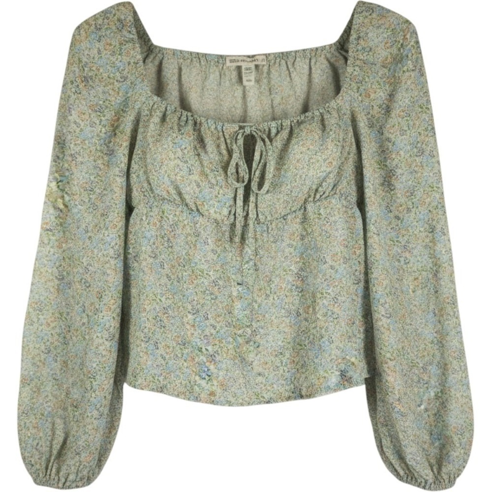 MINKPINK Womens L Floral Crop Blouse Puff Sleeve Tie Front Cottagecore Prairie